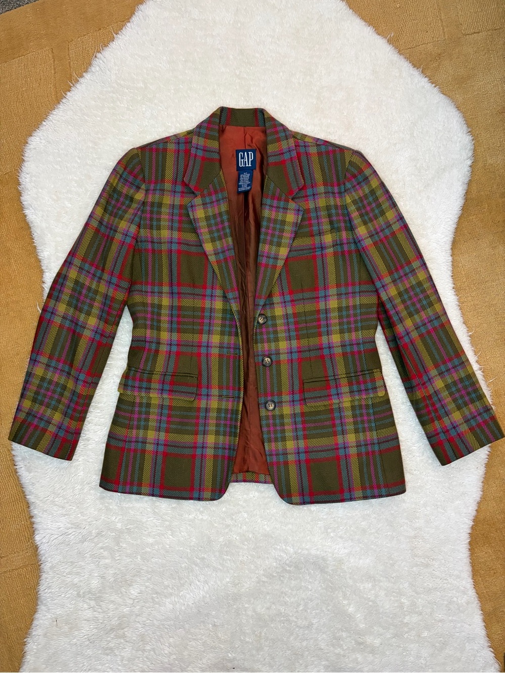 Gap vintage 90’s multicolor olive green plaid wool tailored blazer